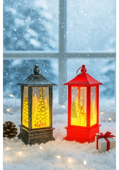 Led Işıklı Noel Feneri 2 Li Set Çam Ağacı & Bambi Temalı Dekoratif Yılbaşı Lambası 14 Cm 12 CM