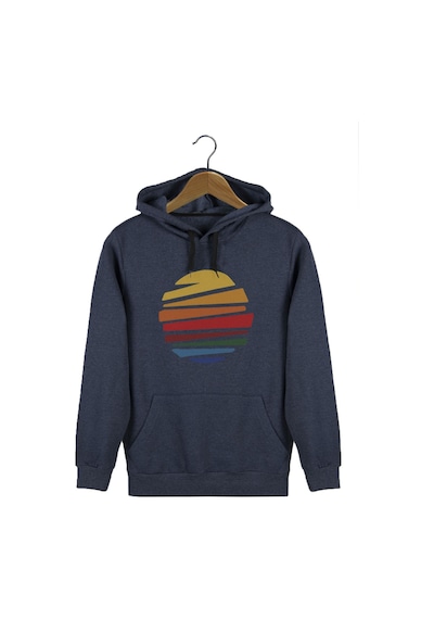 Unisex İndigo Kapüşonlu Önü Güneş Baskılı Slim Fit Kanguru Cepli Sweatshirt Indigo
