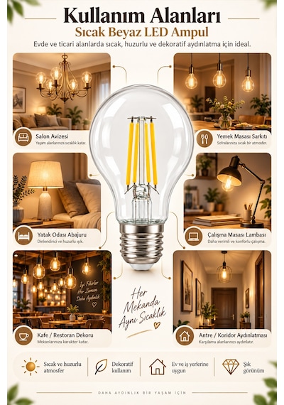 A60 Dimmerli Rustik Gün Işığı 2200k Amber Led Ampul Filament E27 Duylu Filamanlı Edison Ampül 1 Ad