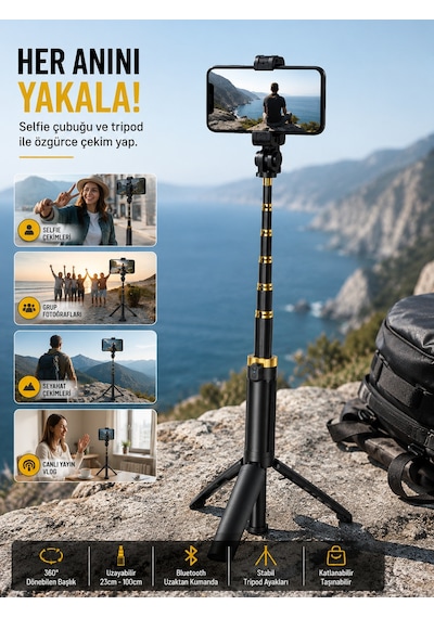 İphone 16e Uyumlu Profesyonel Bluetooth Kumandalı Selfie Çubuğu Tripod
