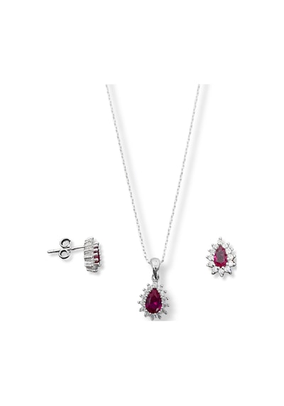 Oya Silver Minimal Beyaz Işıltı Çevrili Yakut Taşlı Damla Kadın Kolye Küpe Gümüş Set