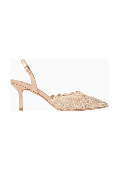 Nicoli Rimini 70 Dantelli Slingback Topuklu, Kristal Taşlı, Sivri Burun, Lüks El Işçiliği Tasarım Pembe