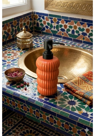 Dalgalı Seramik Mat Siyah Pompalı Sıvı Sabunluk - 400 Ml - 18 X 8 X 7 Cm Turuncu