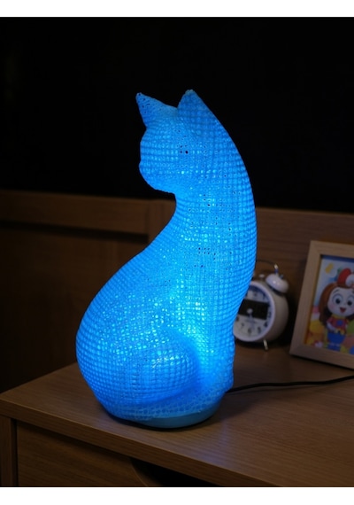 Dekoratif Kedi Figürlü Gece Lambası 3d Yazıcı Baskı Hediyelik Masa Lambası Aydınlatma 23cm Mavi