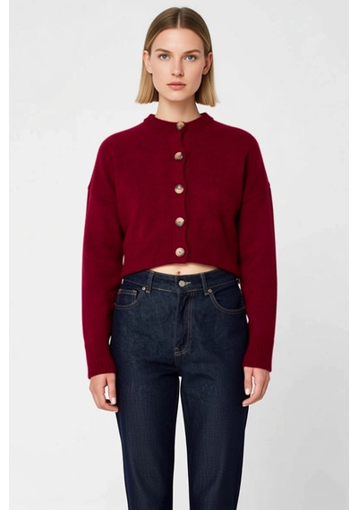Benerly Kadın Oversize Düğmeli Crop Triko Hırka Yumuşak Dokusuyla Ve Raha Bordo