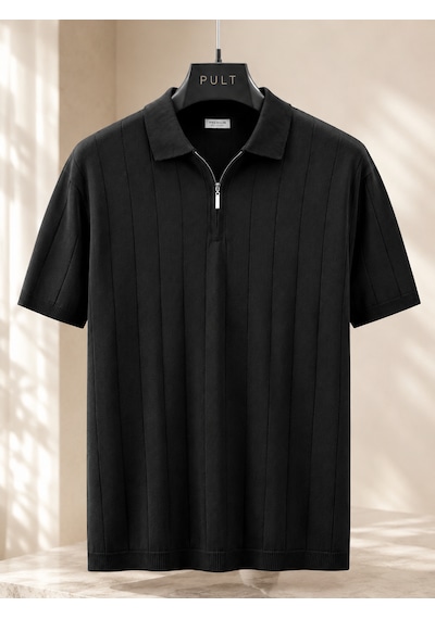 İxir Yarım Fermuarlı Regular Kalıp Polo Yaka Triko T-shirt Siyah - Siyah