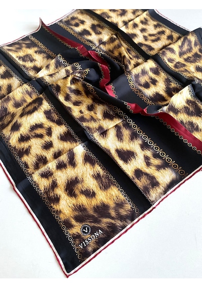 Vissona Twill İpek Eşarp 17565 - 8 - 0018 - 0001 Siyah Bordo Leopar Desen Siyah