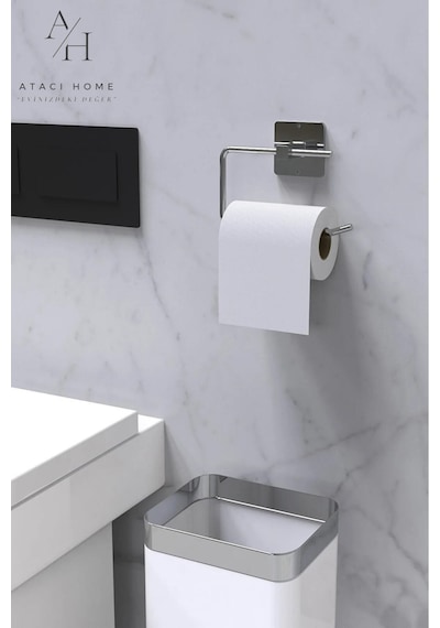 Atacı 1. Kalite Yapışkanlı Gümüş Wc Kağıtlık Ve Çember Havluluk Banyo Mutfak 2'li Set Krom