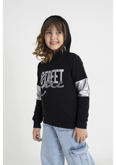 Neslice İn İstanbul Kız Çocuk Siyah Kapüşonlu Nakışlı Pul Payetli Sweatshirt