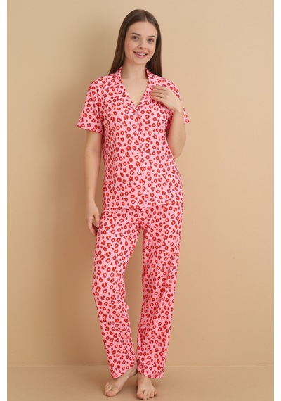 Wordex Mirano 9513 Desenli Pegasus Kumaş Düğmeli Kısa Kolu Kadın Pijama Takımı Pembe
