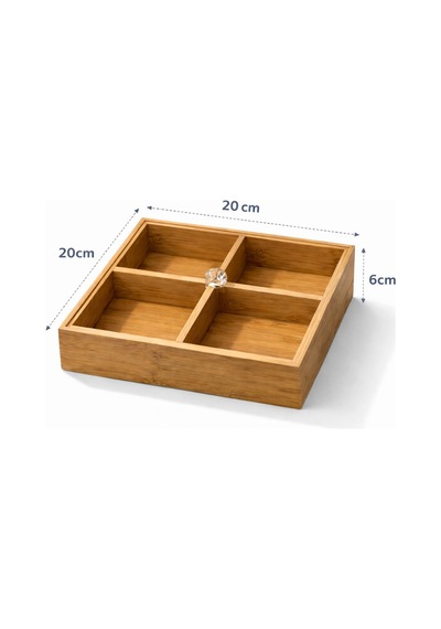 4 Bölmeli Ahşap Organizer,çerezlik,lokumluk,kahvaltılık,çay Poşeti,takı Kutusu,20x20 Cm,kulplu Kutu Bej