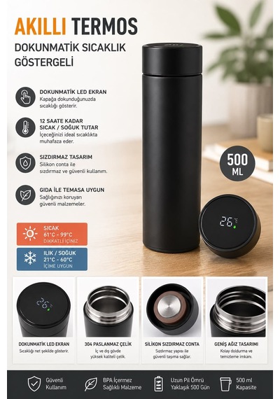500ml Akıllı Led Göstergeli Çelik Termos - 304 Paslanmaz Vakumlu Isı Göstergeli Mat Siyah