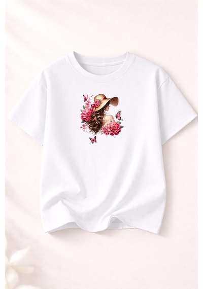Herkesemoda Güllü Kadın Temalı Baskılı Kadın Bisiklet Yaka Pamuklu T-shirt Beyaz