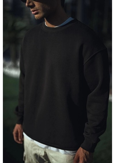 Erkek Pamuklu Bisiklet Yaka 3 İplik Basic Sweatshirt - Siyah