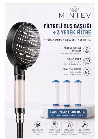 Pureflow 6 Fonksiyonlu Filtreli Duş Başlığı El Duşu 3 Adet Yedek Filtre Hediyeli Kireç Önleyici Su Arıtıcı Klor Arıtıcı Siyah