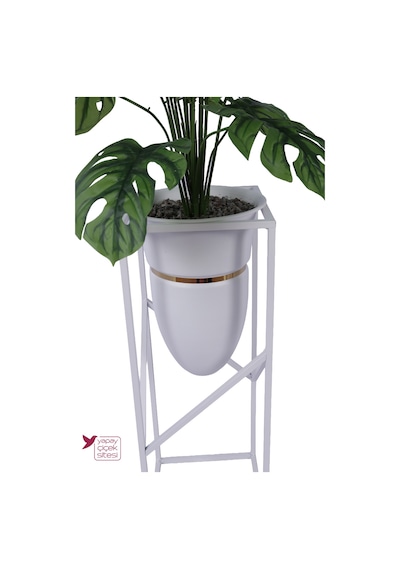 Yapay Çiçek Sitesi Metal Sütun Saksıda Premium 24 Yapraklı Yapay Monstera Deve Tabanı Ağacı 120 Cm Yeşil