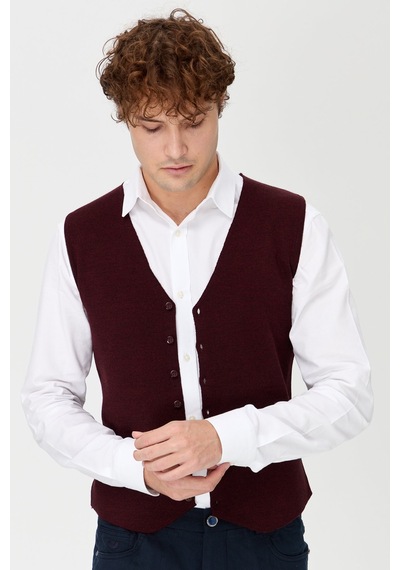 Desen Triko Erkek V Yaka İnce Triko Yelek Bordo Bordo