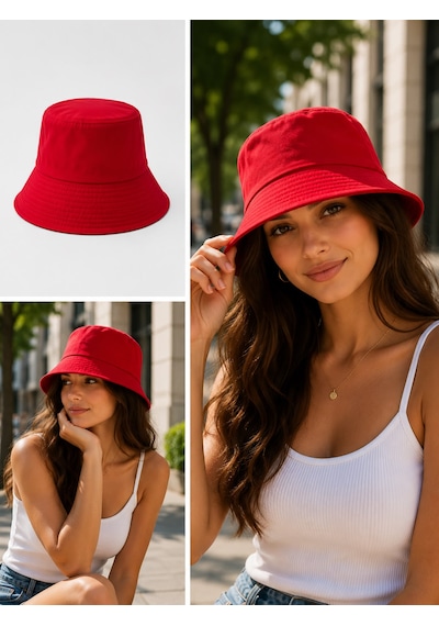 Kırmızı Kadın Bucket Şapka Günlük Kullanım Ve Güneş Şapkası