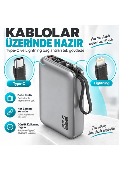 Xcharge 20000 Mah 22.5w Hızlı Şarj Powerbank Kendinden Kablolu Type-c Lightning Gümüş
