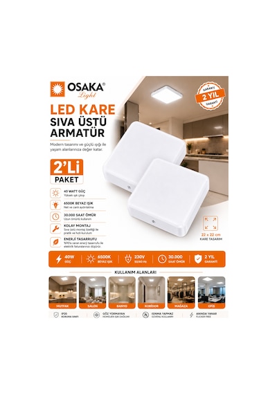 2 Adet Osaka 40w Kare Sıva Üstü Armatür Beyaz Işık 6500k