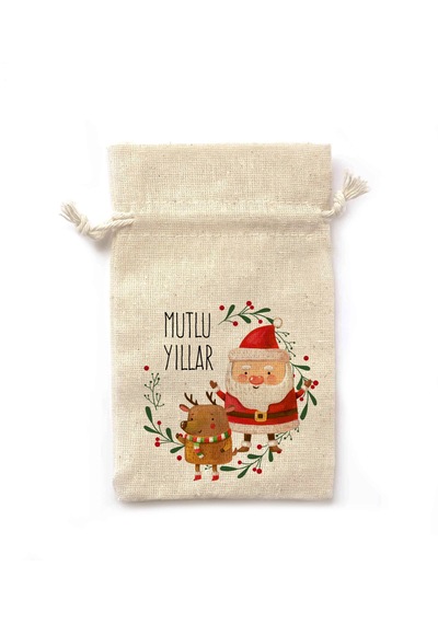 Yılbaşı Temalı 10 Ad Amerikan Bez İpli Hediye Kesesi Noel Baba 8,5x12,5 Cm 8,5 Cm X 12,5 Cm