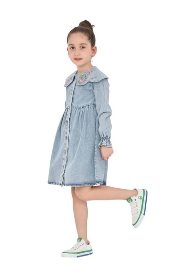İrem Çocuk Giyim Kız Çocuk Yakası Nakışlı Önü Düğme Kapamalı Bilekleri Lastikli Midi Boy Elbise Mavi İrem Çocuk Giyim Kız Çocuk Yakası Nakışlı Önü Düğme Kapamalı Bilekleri Lastikli Midi Boy Elbise Mavi