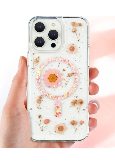 Newface Apple Apple iPhone Uyumlu  16 Kılıf Daisy Simli Magsafe Kapak - Siyah Şeffaf