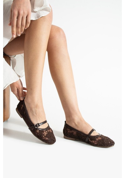 Dabab Shoes Merına Kadın Kahve Düz Babet Dantel Dokuma Çiçek Desenli Tokalı Düz Ayakkabı Kahverengi