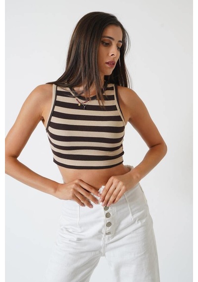 Ckm Moda Adrian Yüksek Kalite Kadın Yuvarlak Yaka Çizgili Crop Bluz Kahve