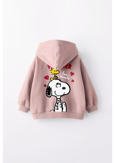 Kız Çocuk Snoopy Baskılı Kapüşonlu Manşetli Sweatshirt Pudra