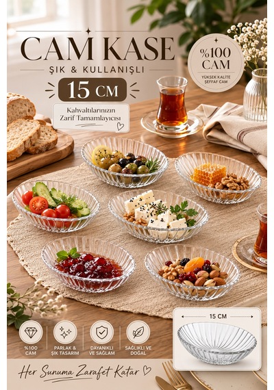 Porsima Suga 4472 6'lı Oval Cam Kase Seti 15 Cm Çerezlik, Reçellik, Kahvaltılık Ve Sosluk