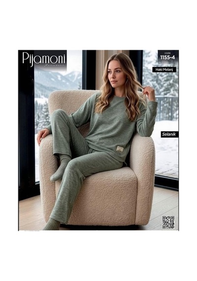 Pijamoni Kadın Bisiklet Yaka Uzun Kol Selanik Kışlık Pijama Takımı 1155-4 - 1 Adet Haki