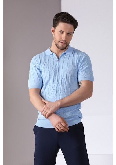 Ferraro Mavi Polo Yaka Fermuarlı Erkek Pamuk Triko T-Shirt-Mavi (417942609) Mavi
