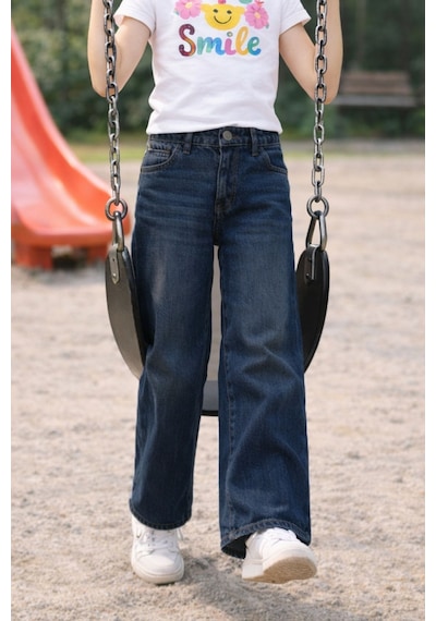 Cedy Denim Cedy Denım Yüksek Kalite Kız Çocuk Yüksek Bel %100 Cotton Palazzo Jean Pantolon Koyu Mavi