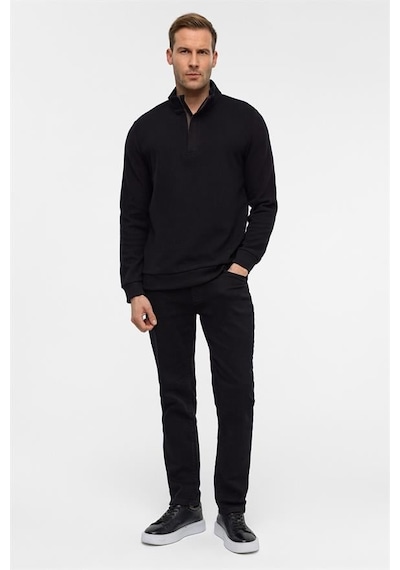 Süvari Siyah Regular Düz Polo Yaka Sweatshirt Siyah