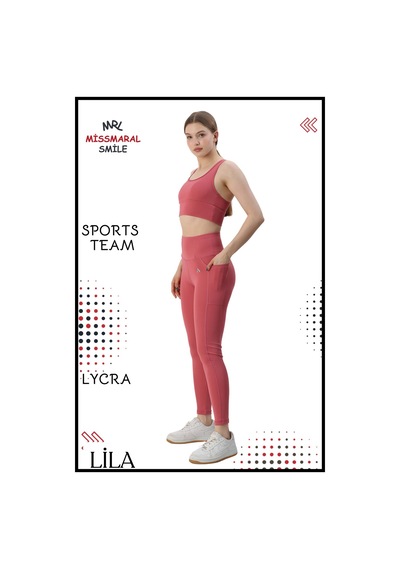Missmaral Kadın Alt Üst Takım Fitness Pilates Koşu Sporcu Slim Fit Tayt Çift Cep Yüksek Bel Likralı Gül 3065 Gül Kurusu