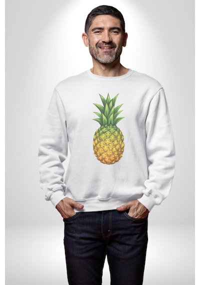 Ananas Meyve Unisex Beyaz Baskılı Sweatshirt Beyaz