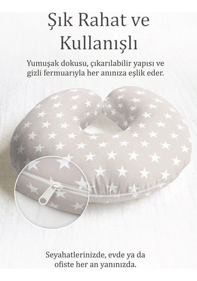 Yıldız Desenli Pamuklu Boyun Yastığı - Modern Açık Gri Beyaz Yumuşak Seyahat Yastığı Koyu Ayışığı Antrasit