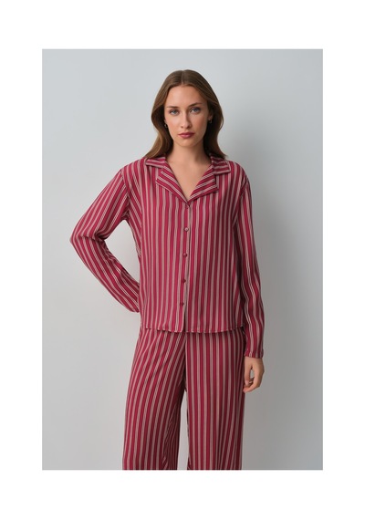 Suwen Siamore Gömlek Yaka Pijama Takımı Wsh105101121357 Bordo Çizgili