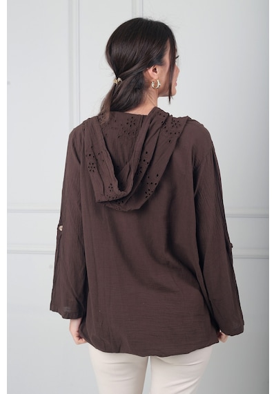 By Saygı Kadın Kapüşonlu Önü Düğmeli Cepli Brode Fisto İşlemeli İtalyan Cotton Ceket Kahve By Saygı Kadın Kapüşonlu Önü Düğmeli Cepli Brode Fisto İşlemeli İtalyan Cotton Ceket Kahve