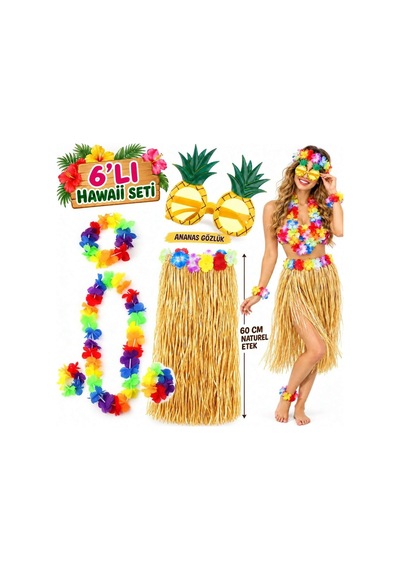 Magicool Hawaii Parti Kostüm Seti - 60 Cm Hasır Etek, Çiçekli Aksesuarlar Ve Ananas Gözlük
