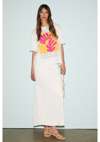 Grımelange VEYMIRA Kadın %100 Pamuk Bisiklet Yaka Kısa Kollu Oversize Fit Beyaz / Desenli T-Shirt