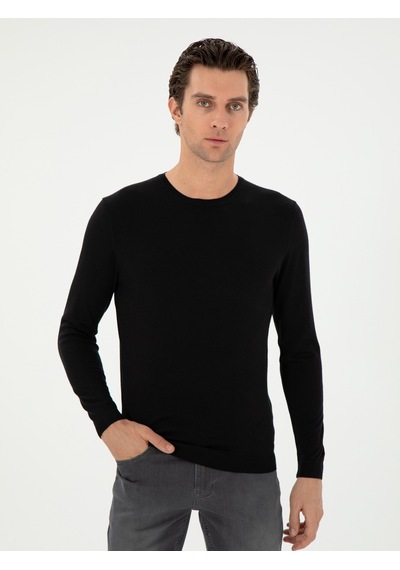 Cacharel Siyah Slim Fit Kaşmir İpek Karışımlı Bisiklet Yaka Triko Kazak