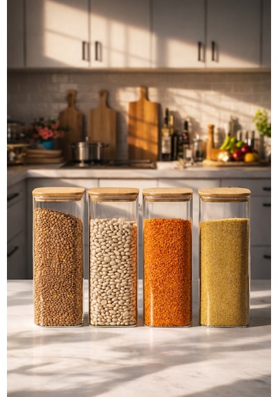 Porsima 7-4 Bambu Vakumlu Kapaklı Kare Borsilikat Cam 4lü Kavanoz Seti Saklama Kabı 1900ml 9,5x27cm