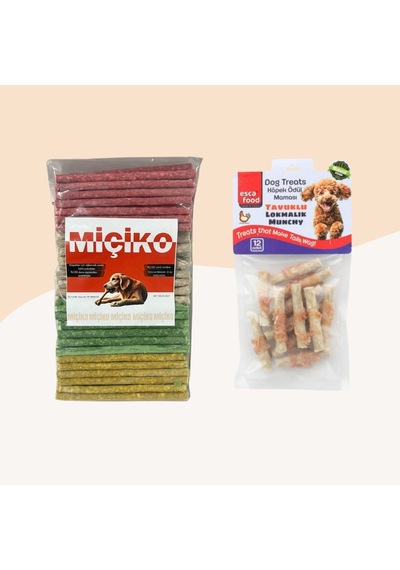 Miçiko Renkli Munchy Köpek Ödülü 100'lü + Tavuklu Lokmalık Munchy 6 CM 12'li