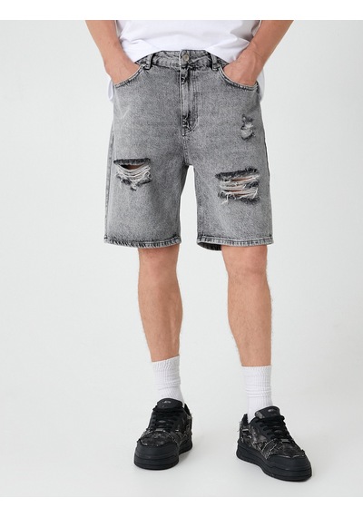 Koton Oversize Kot Şort Bermuda Cepli Yıpratma Detaylı Gri 4sam40045ıd Gri