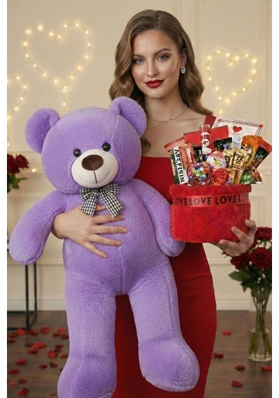 3 Lü Kadınlar Günü Hediye Seti 90 Cm Peluş Ayı, Love Çikolata Sepeti & Mavi Peluş Ayıcık Buketi 75765846
