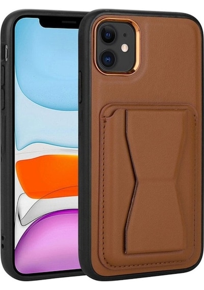 Apple Uyumlu iPhone 11 Kılıf Kartlıklı Standlı Pu Deri Zore Memo Kapak Kahverengi