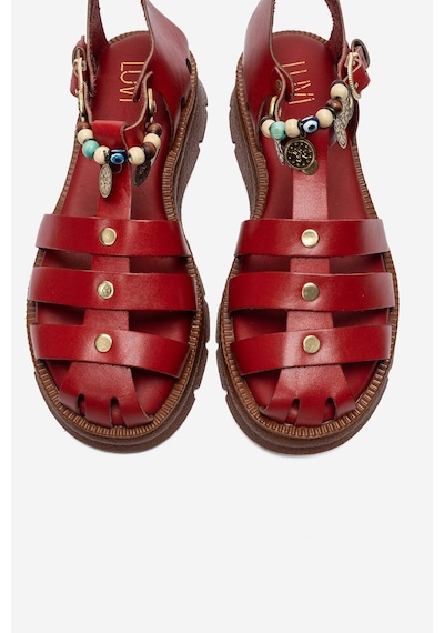 Luvi Shoes Solıs Kırmızı Hakiki Deri Boncuklu Kadın Sandalet
