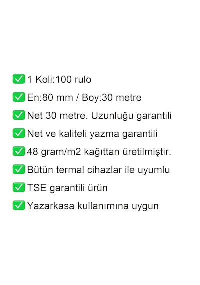 80x30 Metre Yazarkasa Ve Adisyon Rulosu 100'lü Koli / En:80 Mm Boy:30 Metre